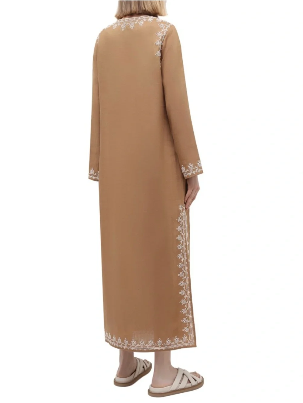 Tory Burch Camel Linen Caftan Maxi Dress with White Embroidery XS